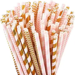 Biodegradable Paper Straws, 100 Pink and Gold Straws for Party Supplies, Birthday, Wedding, Bridal/Baby Shower, Christmas Decorations and Holiday Celebrations