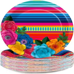 50Pcs Mexican Fiesta Paper Plates 7" Stripes Mexico Party Disposable Mexican Floral Platos Tableware for Mayo Fiestas Dessert Pinata Mexico Taco Colorful Ponchos Party Decoration Supplies