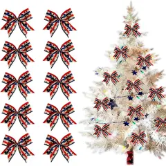 10 Pieces 4th of July Bows for Wreath, Patriotic Wreath Bows Red Blue Natural Burlap Bows American Stars Craft Bows Memorial Day Decorations Tree Bows for Front Door Supplies