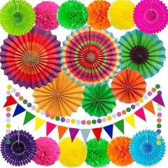 Cinco De Mayo Fiesta Party Decorations - Multi-Color Hanging Paper Fan, Tissue Paper Pom Poms, Circle Dots Garland, Triangle Pennant for Mexican Birthday Decorations