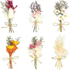 6Pcs Mini Dried Flowers Bouquet, Mixed Natural Dried Flowers Gypsophila Bouquets Boutonniere Table Centerpieces Birthday Cake Flowers for DIY Crafts with 3 Flower Stickers 10m Hemp Rope
