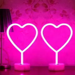 Summer Pink Heart Neon Sign, 2 Pack LED Neon Lights, USB or Battery Powered, Table Decorations for Room, Dorm, Wedding, Anniversary, Bedroom, Classroom, Mother's Day & Summer Parties