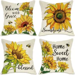 Sunflower Sunshine Decorative Throw Pillow Cover 18 x 18 Set of 4, Spring Summer Home Sweet Home Blessed Porch Patio Outdoor Pillowcase, Fall Autumn Flower Farmhouse Couch Cushion Case Decor