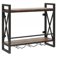 Rustic Brown Metal Frame Wall Mounted Wine Rack with 2-Tier Shelves and 3 Glass Holders