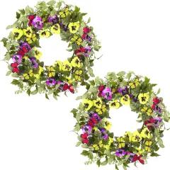 2 Pcs Summer Door Wreaths for Front Door &ndash; 22'' Artificial Yellow and Purple Pansy Wildflower Wreaths for Indoor and Outdoor Home Decor