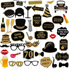 Adult 70th Birthday Photo Booth Props(41Pcs) for Her Him Cheers to 70 Years Birthday Party, Gold and Red Decorations