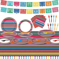 119 Pcs Mexican Fiesta Party Supplies Set Includes Cinco De Mayo Mexico Serape Plates, Napkins, Forks, Tablecloth, Banners, Colorful Stripes Tableware for Dance Pinata Taco Party, Serve 25