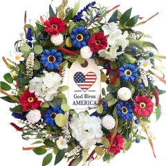 20 inch Independence Day Greenery Wreath for Front Door, 4th of July Independence Day Red White Blue Flower Wreath for Wall Window Party Wedding Decor Spring Summer Decoration for Home