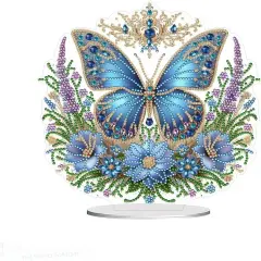 Diamond Painting Kits Tabletop Ornaments, Special Shaped Crystal DIY Blue Floral Butterfly Diamond Art Desktop Kit, Stand Up 5D Gem Painting Crafts for Home Office Table Top Decor