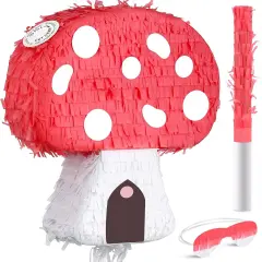 Mushroom Pinata with Stick and Blindfold, Paper, Baby Shower, Fantasy Theme Decoration