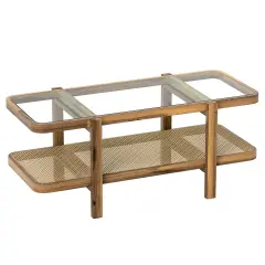 Rustic Acacia Wood Coffee Table with Tempered Glass Top & PE Rattan Shelf