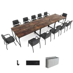 Costway Set of 2/4/6 Meeting Room Desk with Charging Station & Headphone Hook Metal Frame Brown