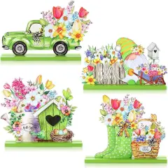 4 Pcs Hello Spring Table Decorations Spring Easter Table Centerpieces Hello Sunshine Wooden Signs Decorations for Home Wooden Party Ornament Farmhouse Easter Rustic(Cute Style)