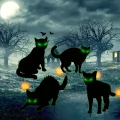 4Pcs Black Cat Yard Sign With Stakes Scary Cat Silhouette &Glow In Dark Eyes
