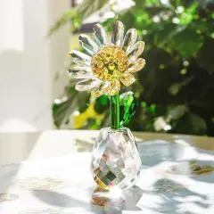 Summer Crystal Daisy Flower Figurine Ornament Paperweight Glass Flower Home Office Tabletop Decor Souvenir Gifts for Birthday Christmas