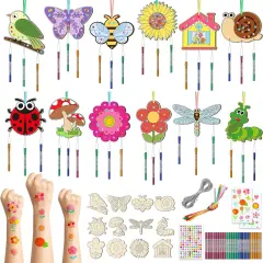12 Pack Wind Chime Kit for Kids Make Your Own Wind Chime DIY Wood Arts and Crafts Decorative Coloring Wooden Hanging Ornaments for Girls Boys Home School Activity Party Supplies(Spring Flower Animal)
