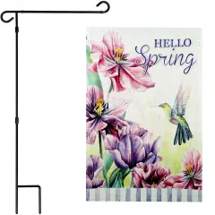 G128 Combo Pack: Garden Flag Stand 36x16IN & Garden Flag Hello Spring Hummingbird Flowers Printed 12x18IN Double Sided