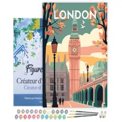 Figured'Art Paint by Numbers for Adults with Frame Travel Poster London 2 16"x20" - Craft Art Painting DIY Kit Canvas Already Stretched on a Wooden Frame