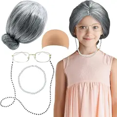 4E's Novelty Old Lady Costume for Kids 7 Pcs Set - for 100 Day of School Grandma Costume for Girls, Gray Curly Wig, Cane, Granny Glasses with Chain Dress Up Accessories