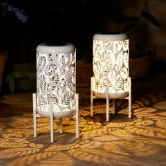 Set of 2 14.25"H Metal Cutout Leaves Pattern Solar Powered LED Outdoor Lantern with Stand 2pcs White