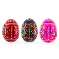 Set of 3 Red Shades Geometric Ukrainian Pysanky Wooden Easter Eggs 2.5 Inches