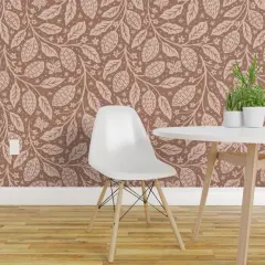 Peel & Stick Wallpaper 2FT Wide Botanical Rustic Cocoa Hand Drawn Plant Floral Butterfly Boho Cacao Earth Tone Dots Brown Pink Custom Removable Wallpaper by Spoonflower