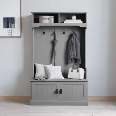 Merrick Lane Wallen Hallway Tree with Bench Seating, 4 Double Coat Hooks, Upper Storage and Double Door Under Bench Storage Gray
