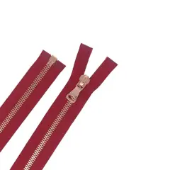 8MM One Way Separating Open Bottom Zipper Red Tape Rose Gold Teeth 28"