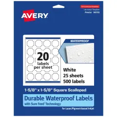 Avery Durable Waterproof Square Scalloped Labels with Sure Feed, 1-5/8" x 1-5/8"