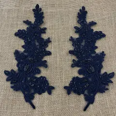 1 Pair Beaded & Corded Floral Lace Applique 100% Polyester Net Mesh 12" X 3.5" Each Side Navy Color