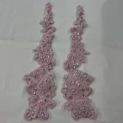 1 Pair 12" x 3" Each Side Beaded & Corded Floral Lace Applique 100% Polyester Organza Pink
