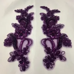 1 Pair Beaded & Corded Floral Lace Applique 9" x 2.5" Each Side Purple