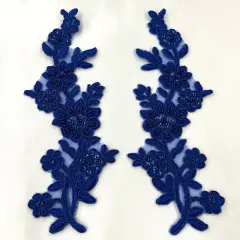 1 Pair Beaded & Corded Floral Lace Applique 10" x 2" Each Side Royal Color