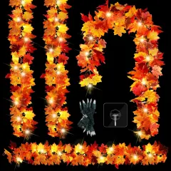 4 Pack Maple Leaves Garland with Lights 5.8ft Connectable Lighted
