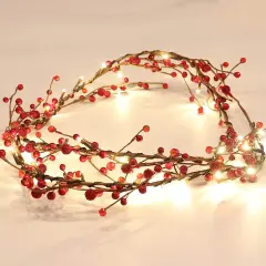5.9FT - Red Berry Branch Pre-lit Garland with 30LED Lights, Battery Operated Fairy String Lights