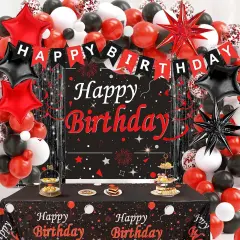 77PCS Red and Black Birthday Decorations for Women Men, Happy Birthday Banner Tablecloth Background Party Supplies, Confetti Star Red Black White Balloons Arch Kit Party Decorations