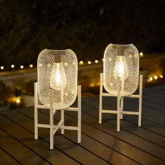 Set of 2 White Metal Mesh Solar Powered Edison Bulb Outdoor Lantern with Stand