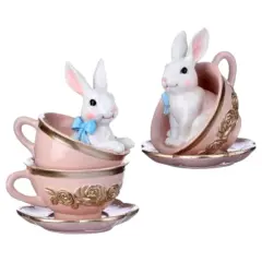 5.5-6.5" Handcrafted Bunny in Teacup Figurine Set &ndash; Pink & Gold Spring Decor Set