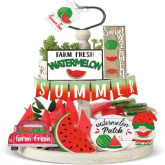 13 Pcs Summer Watermelon Tiered Tray Decor Set Summer Kitchen Decor Rustic Farmhouse Tier Tray Decor Items Watermelon Gnome Wooden Signs for Watermelon Party Decor Summer Home Decoration
