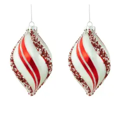 Northlight Set of 2 White and Red Glitter and Beads Striped Finial Glass Christmas Ornaments 5.5"