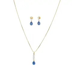 Cz Classic Pendant Set with Gold Plating Jewelry Traditional Jewelry Matte Gold Necklace South Indian Jewelry Adjustable Slider Pendant Necklace for Women Bridal Wedding Jewelry Light Blue