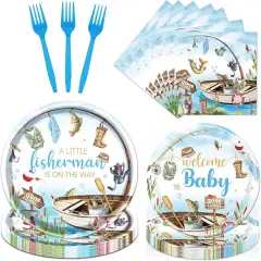 96 Pcs Fishing Baby Shower Tableware Set &ndash; Fish Theme Plates & Napkins