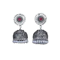 Indian Oxidized Jhumka Earrings for Women - Indian Floral Oxidized Jhumki Ethnic Chandbali Earrings Faux Pearls with Oxidized Platting Bollywood Style Dangle Earring Jewelry for Bride RUBY