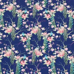 Peacocks on Branches Printed Spandex Fabric