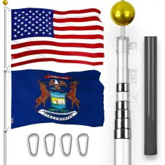 G128 Combo Pack: 20 Ft Telescoping Aluminum Flagpole (Silver) & American and Michigan Flags 3x5 Ft, Both ToughWeave Series Embroidered Polyester | Pole with Flags Included