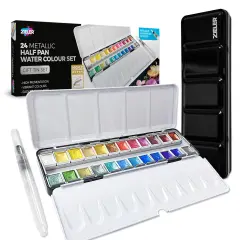 24 Metallic Half Pan Watercolour Metal Tin Set with Water Brush