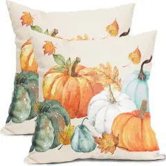 Set of 2- Fall Pillow Covers 18x18,Watercolor Pumpkin Maple Leaf Throw