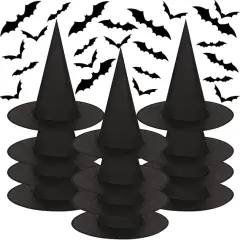 12 Pcs Halloween Witch Hats with 120 Pcs Bat Wall Stickers