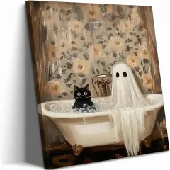 Halloween Ghost Bathroom Canvas Wall Art - 12x16 Inch Framed