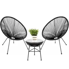 Best Choice Products 3-Piece All-Weather Patio Acapulco Bistro Furniture Set w/ Rope, Glass Top Table Black